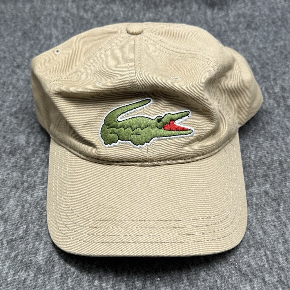 Lacoste Big Croc Logo Dad Hat Cotton Twill Khaki Tan Leather Strap OS
